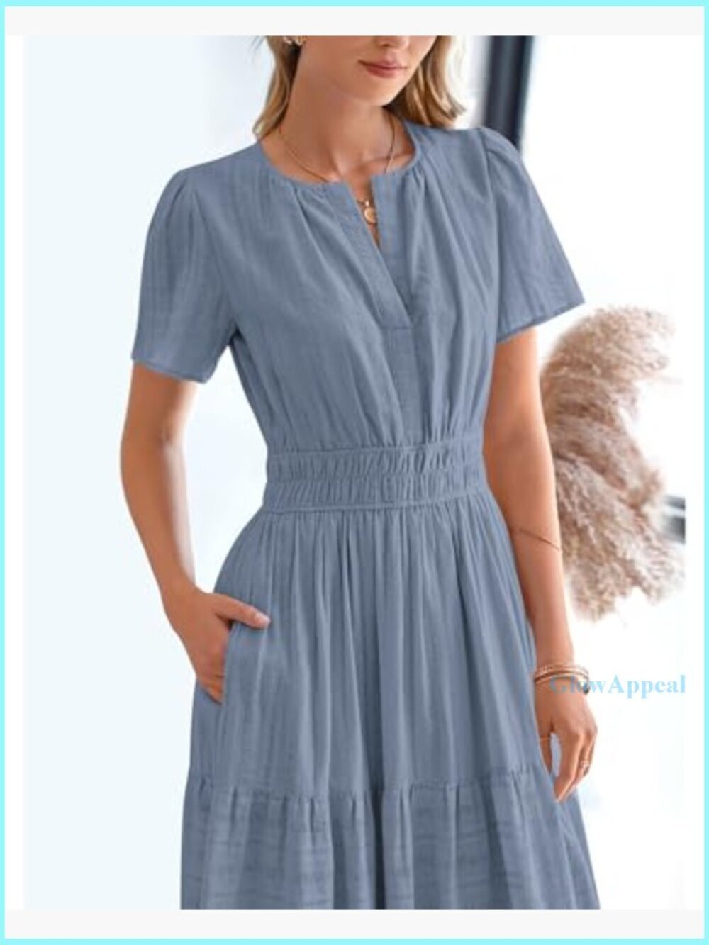 Lightweight Cotton Maxi Dress with Pockets, Elastic Waist, V-Neck, Short Sleeve - Picture 6 of 7